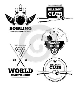 Billiards emblems and bowling vector labels, emblem badges set
