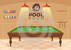 Billiards Game Hand Drawn Cartoon Flat Background Illustration with Pool Room with Stick and Billiard Balls in Sports Club