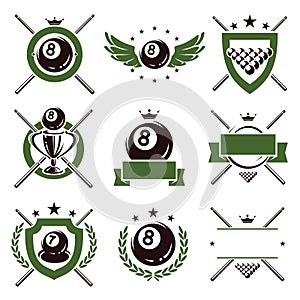 Billiards labels and icons set. Vector