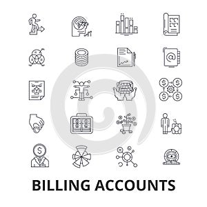 Billing accounts, paying bill, money, receipt, utility, debt, check, payment line icons. Editable strokes. Flat design