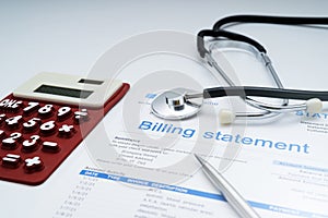 Billing statement for for medical service in doctor`s office background