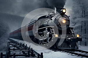 Billowing Steam locomotive winter smoke. Generate Ai