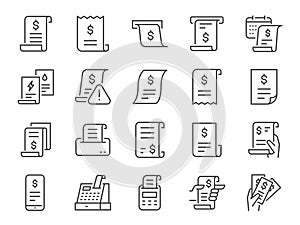 Bills icon set. It included bill, expense, receipt, outcome, and more icons. Editable Vector Stroke.