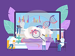 Bilogical genetic engineering research at laboratory, vector illustration. Doctor conduct experiment with mouse, study photo