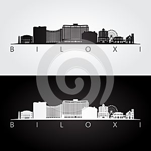 Biloxi, Mississippi skyline and landmarks silhouette, black and white design.