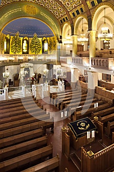 Bima almemar and the interior of the synagogue, made of wood