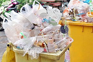 Bin, Dump Garbage, Plastic waste, Pile of Garbage Plastic Waste Bottle and Bag Foam tray many on bin yellow, Plastic Waste