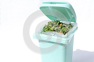 A bin filled with materials that comprise green waste, such as kitchen food wastes and plant trimmings.