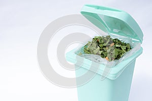 A bin filled with materials that comprise green waste, such as kitchen food wastes and plant trimmings.