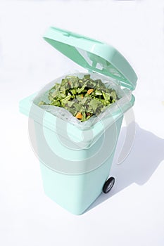 A bin filled with materials that comprise green waste, such as kitchen food wastes and plant trimmings.