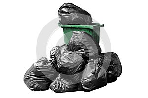 Bin bag garbage green, Bin,Trash, Garbage, Rubbish, Plastic Bags pile isolated on background white, 3R