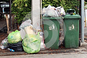 Bin, garbage is pile lots dump, many garbage plastic bags black waste at walkway community village, pollution from trash plastic