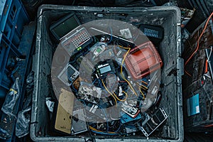 Bin overflowing with discarded electronic devices, concept of e-waste, environmental impact