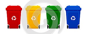 Bin plastic, four colorful recycle bins isolated on white background, red, yellow, green and blue bins with recycle waste symbol