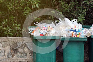 Bin waste, garbage waste plastic trash, full bins waste plastic bags close up, pollution trash plastic waste, garbage trash