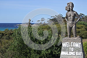Binalong Bay welcome sign in Tasmania Australia