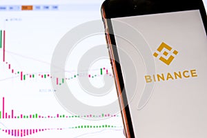 Binance cryptocurrency exchange logo and icon on Phone screen over a laptop display with bitcoin chart. Los Angeles, California