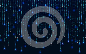 Binary background. Matrix concept. Falling digits on dark backdrop. Running bright numbers with lights. Abstract binary