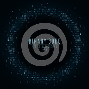 Binary code. Abstract banner. Falling blue glowing numbers. Global network. High technologies, programming, sci-fi. Hacking system