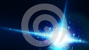 Binary code in abstract matrix cyberspace, shining blue background with digital code, artificial intelligence, big data, cloud