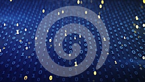 Binary code array with glowing blue symbols 3D render