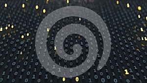 Binary code array with glowing symbols 3D render