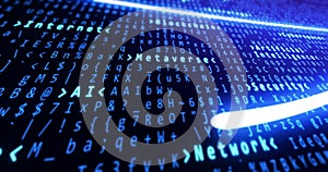 Binary code with artificial intelligence, block chain, internet, metaverse, network and security text highlighting and light lines