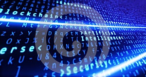 Binary code with artificial intelligence, block chain and security text highlighting and light lines connecting