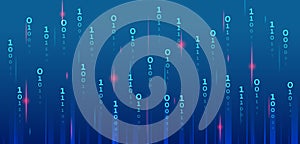 Binary code, artificial intelligence. Program code. Computer background of numbers. Flying data illustration. Analytics, sorting,