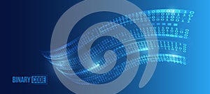 Binary code, artificial intelligence. Program code. Computer background of numbers. Flying data illustration. Analytics, sorting,