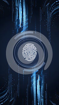 Binary code backdrop with glowing fingerprint, symbolizing digital identity.