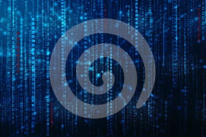 Flowing number one and zero text in binary code format in technology background