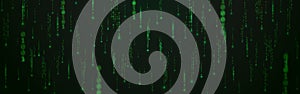 Binary code background with falling digits. Futuristic green matrix. Abstract data stream. Glowing running numbers