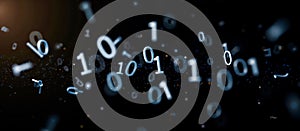 Binary code background with floating numbers in digital space, representing data, technology, and computer science concepts, dark