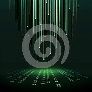 Binary code background, green color, matrix, with lines creating a futuristic atmosphere, conveying a technological