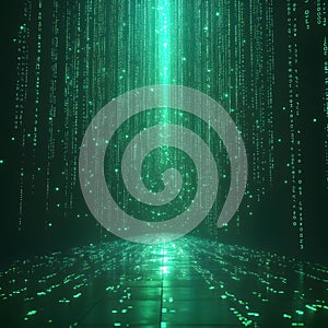 Binary code background, green color, matrix, with lines creating a futuristic atmosphere, conveying a technological