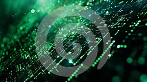 Binary code background, green color, matrix, with lines creating a futuristic atmosphere, conveying a technological