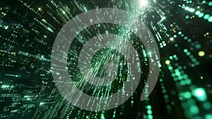 Binary code background, green color, matrix, with lines creating a futuristic atmosphere, conveying a technological