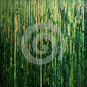 Binary code background, green color, matrix, with lines creating a futuristic atmosphere, conveying a technological
