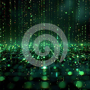 Binary code background, green color, matrix, with lines creating a futuristic atmosphere, conveying a technological