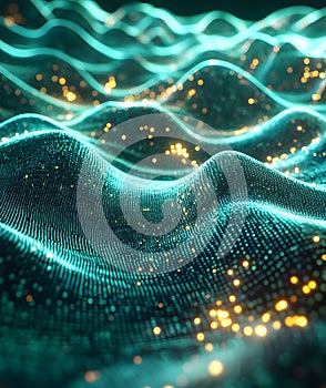 Binary code background, green color, matrix, with lines wavy creating a futuristic atmosphere, conveying a technolo