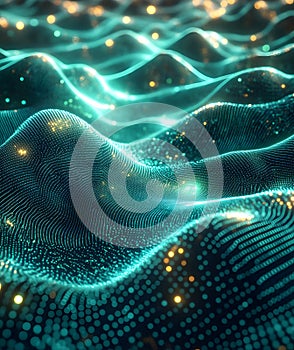 Binary code background, green color, matrix, with lines wavy creating a futuristic atmosphere, conveying a technolo