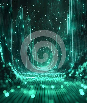 Binary code background, green color, matrix, with lines wavy creating a futuristic atmosphere, conveying a technolo
