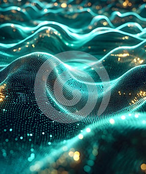 Binary code background, green color, matrix, with lines wavy creating a futuristic atmosphere, conveying a technolo