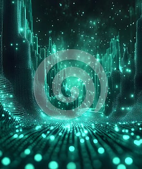 Binary code background, green color, matrix, with lines wavy creating a futuristic atmosphere, conveying a technolo