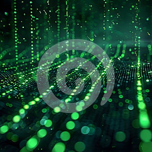 Binary code background, green color, matrix, with lines wavy creating a futuristic atmosphere, conveying a technolo