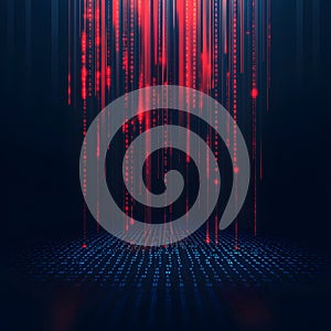 Binary code background, red color, matrix, with lines creating a futuristic atmosphere, conveying a technological a