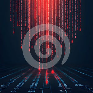 Binary code background, red color, matrix, with lines creating a futuristic atmosphere, conveying a technological a