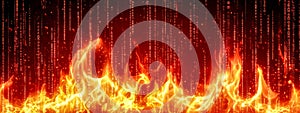 Binary code is burning in a fiery digital inferno, firewall breach