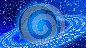 Binary Code circles around earth on abstract background from square elements